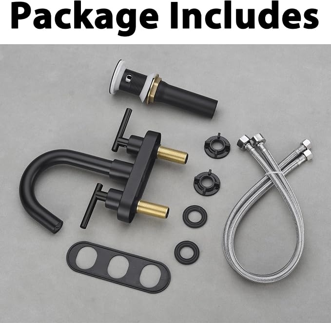 Black Bathroom Faucet, BSTIIU Centerset Sink Faucets for 3 Hole Sink, 4 Inch 2 Handle RV Vanity Faucet with Metal Overflow Pop Up Drain and cUPC Water Supply Lines, Matte Black