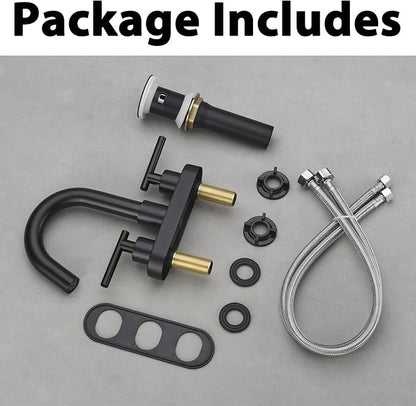 Black Bathroom Faucet, BSTIIU Centerset Sink Faucets for 3 Hole Sink, 4 Inch 2 Handle RV Vanity Faucet with Metal Overflow Pop Up Drain and cUPC Water Supply Lines, Matte Black