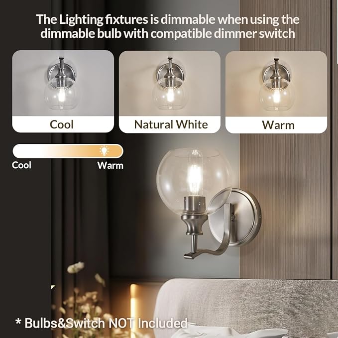 Brushed Nickel Bathroom Light Fixtures, 1-Light Vanity Lights, Modern Bathroom Wall Sconces Lighting with Globe Clear Glass Shade Up or Down Wall Mounted for Kitchen, Living Room, Hallway