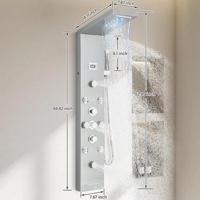 FUZ Shower Panel Tower System, Stainless Steel 6 IN 1 Shower Panel System with LED Fancy Rain Shower Head and Handheld, Adujstable Rainfall Massage Body Jets and Tub Spout, Brushed Nickel Shower Tower