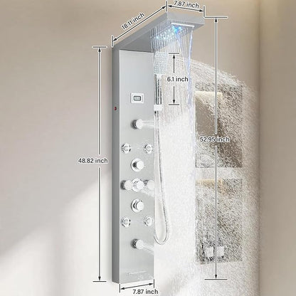 FUZ Shower Panel Tower System, Stainless Steel 6 IN 1 Shower Panel System with LED Fancy Rain Shower Head and Handheld, Adujstable Rainfall Massage Body Jets and Tub Spout, Brushed Nickel Shower Tower