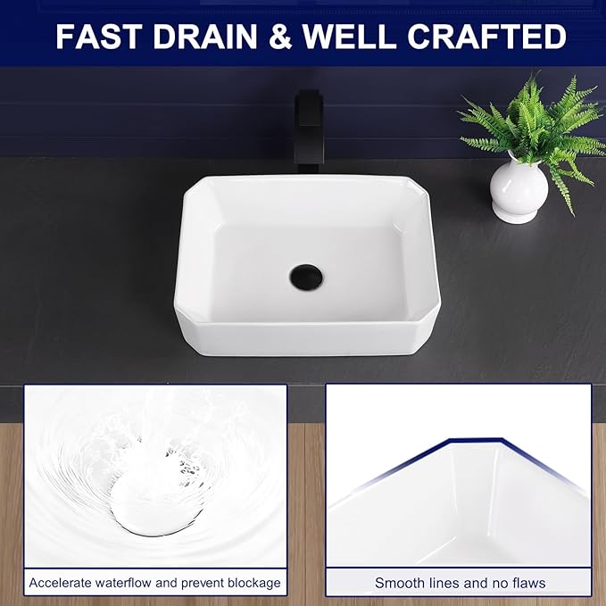 Vessel Sink 20"x14" Rectangular Bathroom Sink Modern White Porcelain Ceramic Above Counter Drop-in Vanity Sink for Bathrooms Art Basin