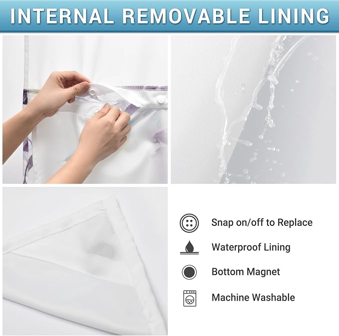 No Hook Floral Shower Curtain with Liner, Eucalyptus Plum, 71x74 | Snap in Liner, 3 in 1, Water Repellent, Easy Install, Machine Washable, Hotel Style for Bathroom, Watercolor Pattern