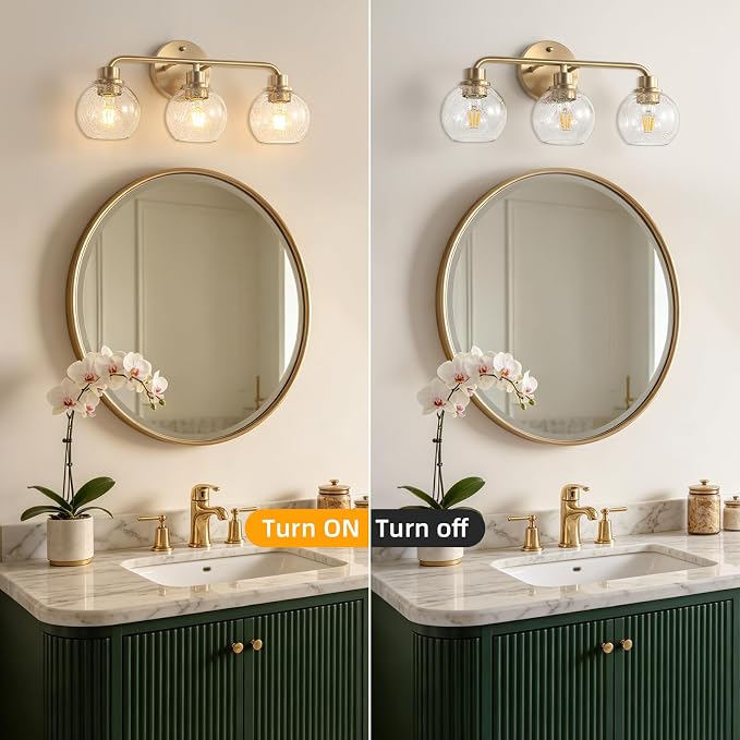 Bathroom Light Fixtures Gold Vanity Light 3 Light Brushed Brass | Wall Sconces Lighting with Seeded Globe Glass Shades Bath Wall Lamp for Mirror Kitchen Living Room Bedroom Hallway