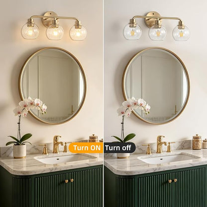 Bathroom Light Fixtures Gold Vanity Light 3 Light Brushed Brass | Wall Sconces Lighting with Seeded Globe Glass Shades Bath Wall Lamp for Mirror Kitchen Living Room Bedroom Hallway