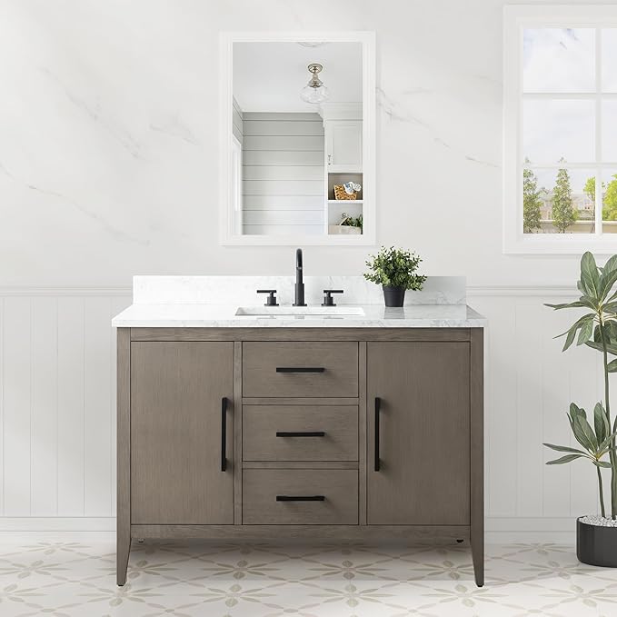HomeBeyond 48 Inch Bathroom Vanity with Sink & Ceramic Top, Single Vanity Cabinet with Basin, Soft-Closing Doors & Matte Black Hardware, Driftwood Gray