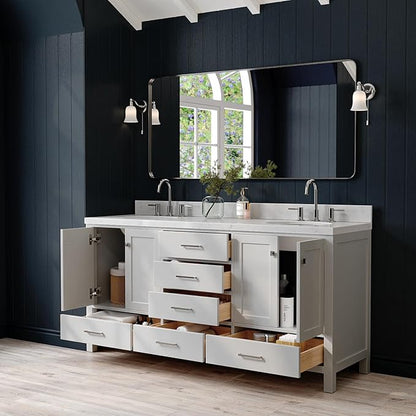 ARIEL Cambridge 72-inch Bathroom Vanity with Sink,Solid Wood, 1.5-inch Carrara White Quartz Countertop & Backsplash, Double Oval Porcelain Sink, 4 Soft Closing Doors, 6 Dovetail Drawers, Grey