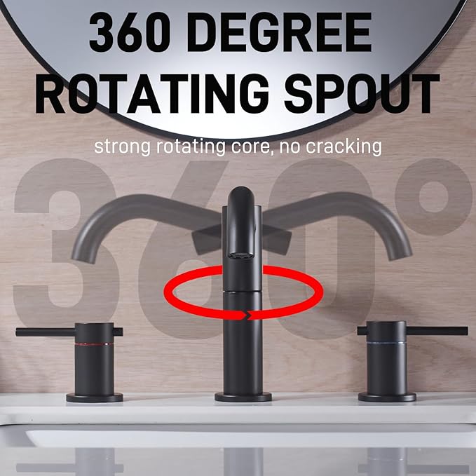 Black Bathroom Faucet 3-Hole, 2-Handle 8 Inch Widespread Matte Black Bathroom Sink Faucet with 360° Swivel Crossing Spout, with Metal Overflow Drain & cUPC Waterline