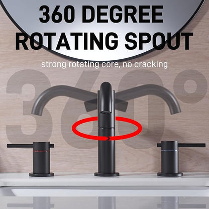 Black Bathroom Faucet 3-Hole, 2-Handle 8 Inch Widespread Matte Black Bathroom Sink Faucet with 360° Swivel Crossing Spout, with Metal Overflow Drain & cUPC Waterline
