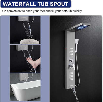 ROVATE LED Shower Panel Tower System, Rainfall Waterfall Shower Tower with Jets and Handheld, 5 in 1 Brushed Stainless Steel High Pressure Shower Column with Tub Spout