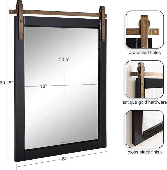 Kate and Laurel Skylan Modern Decorative Wood Framed Wall Mirror; 24 x 31; Black and Gold; Barn Door Hanging Mirror for Bathroom or Living Room