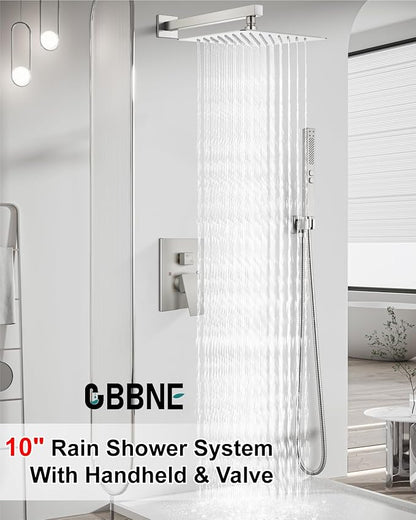 Shower Faucet Set Rainfall Shower System with Square Showerhead and Handle Set Fixture with 2 in 1 Function Handheld Sprayer Wall Mounted Trim Repair Kit Rough-in Valve 10 Inch Brushed Nickel