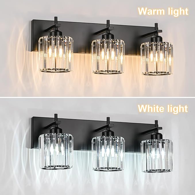 Black Crystal Bathroom Vanity Lights, Modern 3-Lights Bathroom Lighting Fixtures Over Mirror, Crystal Wall Lighting with Round Shade