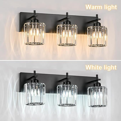 Black Crystal Bathroom Vanity Lights, Modern 3-Lights Bathroom Lighting Fixtures Over Mirror, Crystal Wall Lighting with Round Shade