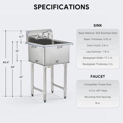 1-Compartment Sink, 18x18x12 in. Kitchen Sink with Strainer X-Shaped Guides Backsplash, Freestanding Single Bowl Utility Sink, Work Station Sink for Garage Kitchen Laundry Room Pet Salon