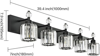 PRESDE 5-Light Crystal Bathroom Vanity Light Modern Matte Black Bathroom Lights Fixtures Over Mirror Wall Lamp for Over Mirror Bedroom Hallway