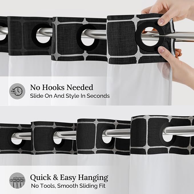 RiverDream Farmhouse No Hooks Shower Curtain with Snap-in Liner,Black,71x74 | Snap on Fabric Liner,Heavy Duty,Quick Dry,Mesh Top Window,With Bottom Magnets,Washable,with Tassels,Standard Size