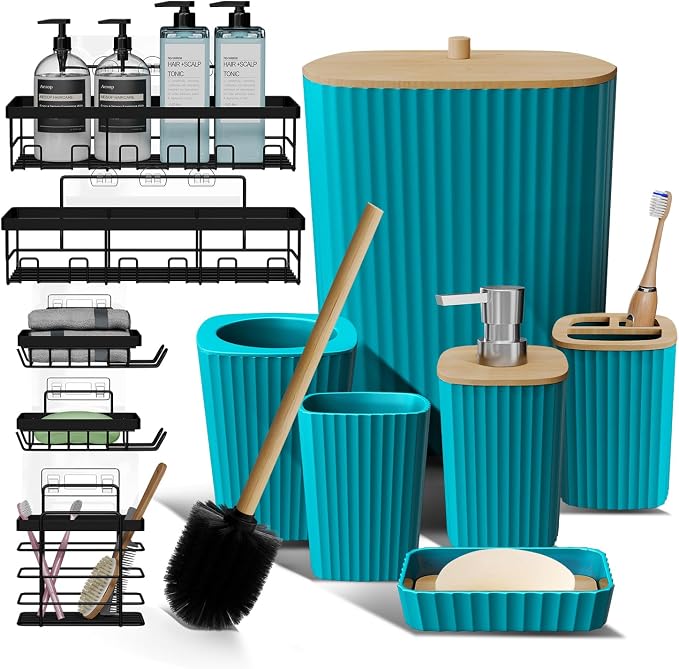 Clara Clark Bathroom Set - Teal Bathroom Accessories Set, 6PC Bathroom Accessory Set, Bathroom Sets with Adhesive Corner Shower Caddy Hanging, Toilet Brush, Trash Can & Soap Dispenser