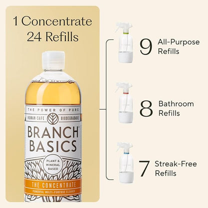 Branch Basics Cleaning Essentials Kit: All Purpose, Glass, Bathroom Cleaner | Plant-Based, Human-Safe, Fragrance-Free. Comes with Concentrate (33.8 oz) + Refillable Glass Bottles (16 oz). 24 Refills