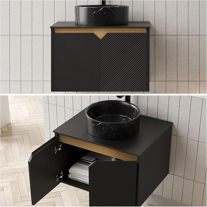 24" Bathroom Vanity with Sink, Wall-Mounted Bathroom Vanity with Black Round Ceramic Vessel Basin, Modern Plywood Floating Vanity with Twill Double Doors, Bathroom Storage Cabinet, Black