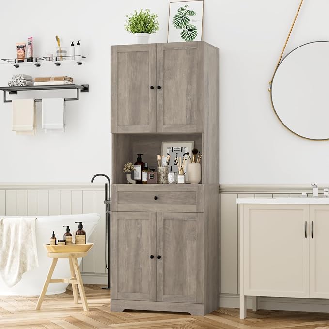 HIFIT Tall Bathroom Storage Cabinet with Drawer, Modern Linen Cabinet,Brown | 67"H Tall Storage Cabinet with Doors & Shelves, Freestanding Kitchen Pantry for Bathroom, Dining Room, Laundry, Narrow Corner