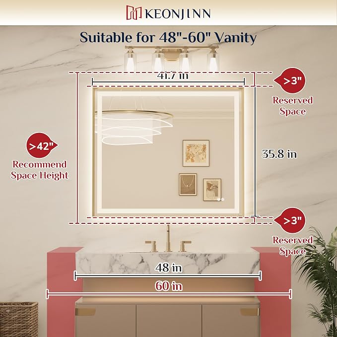 Keonjinn 42x36 Inch Gold LED Bathroom Mirror with Lights, Beveled Edge | Frontlit & Backlit, Lighted Bathroom Mirror, HD Tempered Glass, 3 Color Temperatures, Anti-fog, Stepless Dimmable