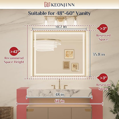 Keonjinn 42x36 Inch Gold LED Bathroom Mirror with Lights, Beveled Edge | Frontlit & Backlit, Lighted Bathroom Mirror, HD Tempered Glass, 3 Color Temperatures, Anti-fog, Stepless Dimmable