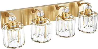 4-Lights Brushed Brass Bathroom Light Fixture Gold Vanity Lights Modern Crystal Bathroom Vanity Lighting Over Mirror Wall Sconce with K9 Crystal Shade E26 Base for Living Room, Bedroom Wall Lamp