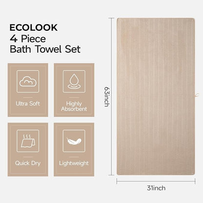 ecolook Microfiber Bath Towels Set of 2, 31 x 63 Inch Extra Large Bath Towel Set, Super Soft & Highly Absorbent, Quick Dry Lightweight Towels for Bathroom, Gym, Spa, Pool & Travel, Camel