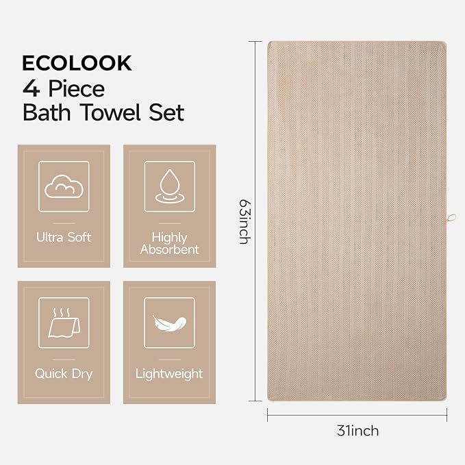 ecolook Microfiber Bath Towels Set of 4, 31 x 63 Inch Extra Large Bath Towel Set, Super Soft & Highly Absorbent, Quick Dry Lightweight Towels for Bathroom, Gym, Spa, Pool & Travel, Camel