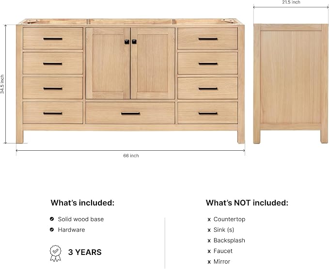 ARIEL Cambridge 66-inch Bathroom Vanity Base Cabinet,Solid Wood, 2 Soft Closing Doors, 9 Dovetail Drawers, White Oak