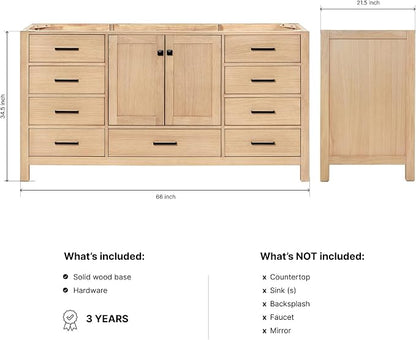 ARIEL Cambridge 66-inch Bathroom Vanity Base Cabinet,Solid Wood, 2 Soft Closing Doors, 9 Dovetail Drawers, White Oak
