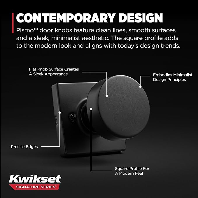 Kwikset Pismo Dummy Door Knob, Single Sided Handle for Closets, French Double Doors, and Pantry, Matte Black Non-Turning Interior Push/Pull Door Knob, with Microban Protection