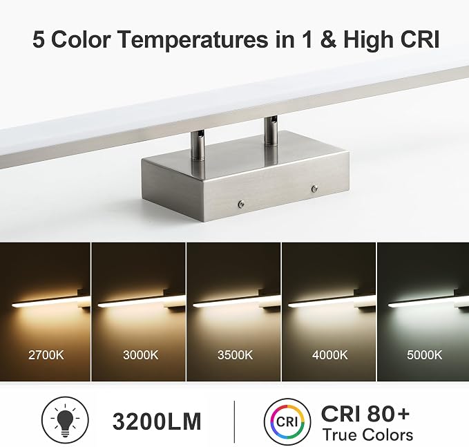 mirrea 48in 5CCT Brushed Nickel LED Vanity Lights for Bathroom Over Mirror | 5 color temperatures,Adjustable light angle,ETL listed,Dimmable,Bathroom lighting fixtures,Eye-friendly,Frosted acrylic shade