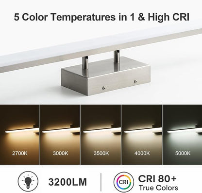 mirrea 48in 5CCT Brushed Nickel LED Vanity Lights for Bathroom Over Mirror | 5 color temperatures,Adjustable light angle,ETL listed,Dimmable,Bathroom lighting fixtures,Eye-friendly,Frosted acrylic shade
