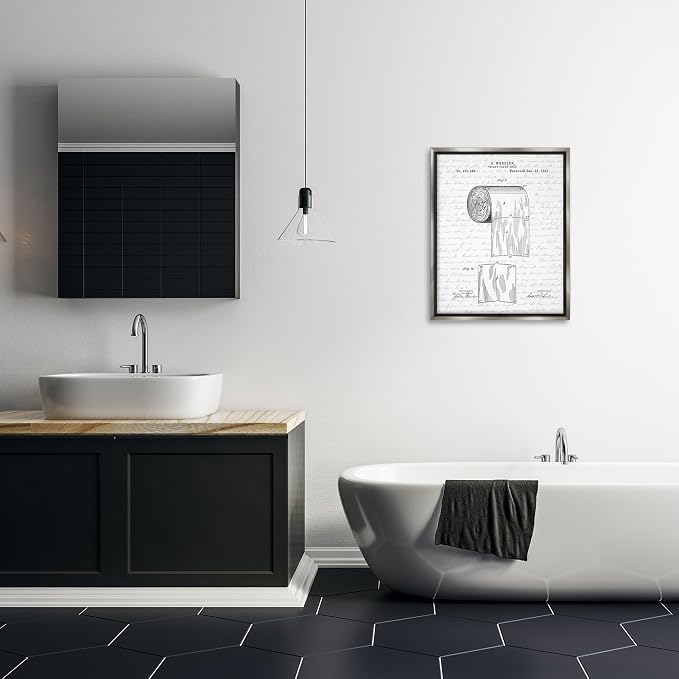 Vintage Patent Bathroom, 24 x 30 Inch Canvas in Floater Frame | Stupell Industries · By Lettered and Lined · Ready to hang · Great for bath and laundry decor · Made in USA