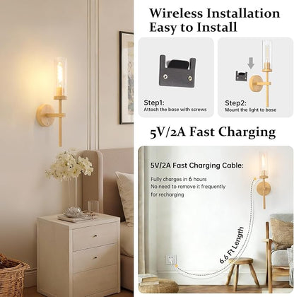 Shenmoyl Battery Operated Wall Sconces Set of 2, Beech Color Rechargeable Wall Lighting Fixtures, Dimmable Wall Lights with Remote & Clear Glass Shade for Living Room, Bathroom,Bedroom