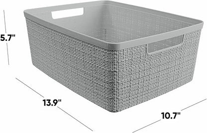 Curver Set of 6 Medium 12L Jute Decorative Plastic Organization and Storage Baskets - Perfect Bins for Home Office, Closet Shelves, Kitchen Pantry and All Bedroom Essentials, Grey