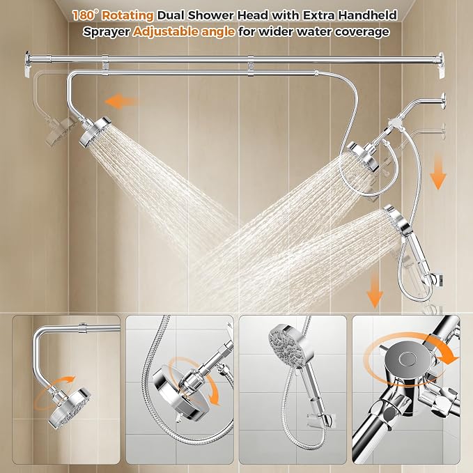 Dual Shower Head with Extra Handheld Sprayer for Couples & Families | 3 Shower Heads & 9 Spray Modes, High Pressure Tandem Shower, 180° Adjustable, Simultaneous Use, Easy Install