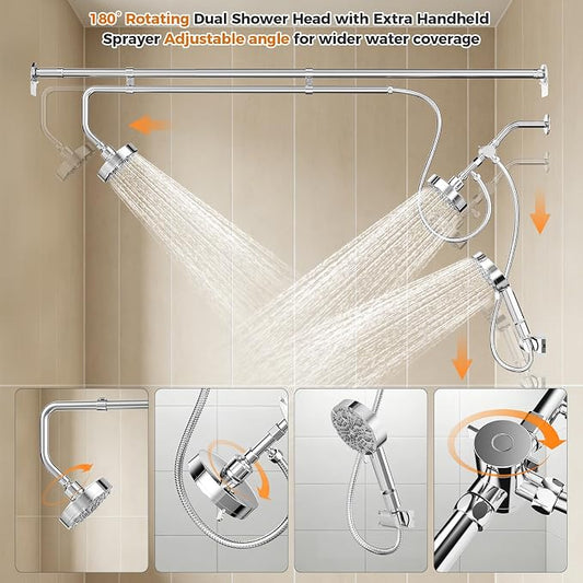 Dual Shower Head with Extra Handheld Sprayer for Couples & Families | 3 Shower Heads & 9 Spray Modes, High Pressure Tandem Shower, 180° Adjustable, Simultaneous Use, Easy Install