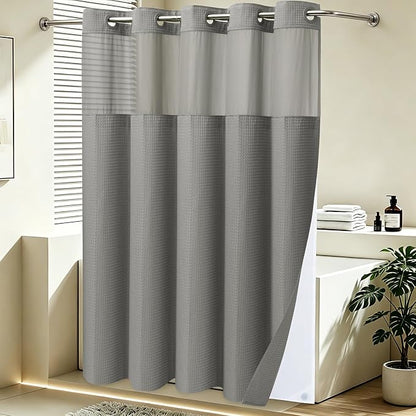 SORTTO No Hook Shower Curtain with Snap in Liner Set Waffle Shower Curtain for Bathroom Hotel Style Fabric Waterproof Inner Liner，71" W x 98" H, Grey