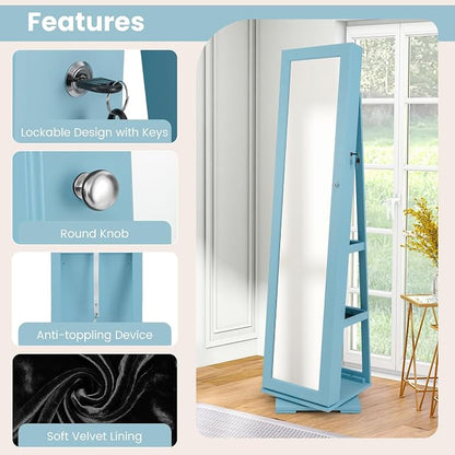 GOFLAME 360° Rotating Jewelry Armoire, Lockable Jewelry Cabinet with Full-Length Mirror & Inner Makeup Mirror, Standing Jewelry Storage Organizer with Rear Storage Shelves, Sky Blue