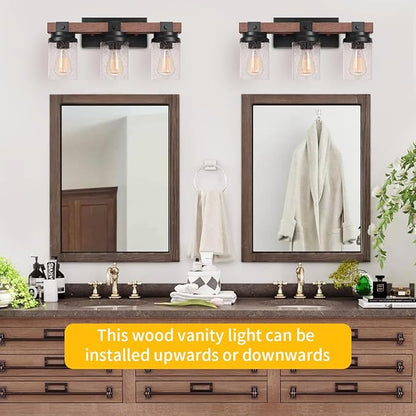 Farmhouse Vanity Light Fixtures, 3-Light Rustic Bathroom Lights Over Mirror with Pretty Glass Shade, Industrial Black Metal Wood Wall Decor Sconces for Living Room Hallway Stairway UL-Listed