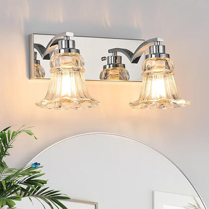 Vintage 2-Light Bathroom Vanity Light, Chrome Bathroom Light Fixtures with Floral Clear Glass Shades, Antique Wall Sconce Fixtures for Dressing Table, Bedroom
