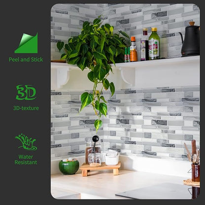 LONGKING Self-Adhesive Kitchen Backsplash, Marble Look Decorative Tiles (10 Tiles) | Peel and stick backsplash, self-adhesive wall tile, marble, waterproof, kitchen bathroom wall, 10 tiles, set A