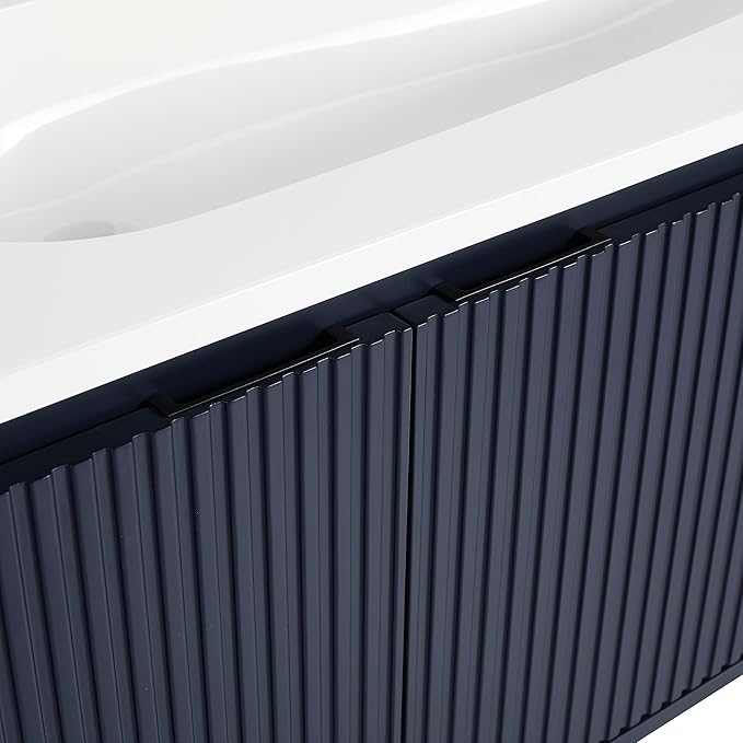 SSLine Modern 48" Floating Bathroom Vanity with Sink Wall Mounted Bathroom Vanity with Top Basin & Storage Cabinet Navy Blue Wood Hanging Vanity w/Drop-Shaped Resin Sink for Small Space