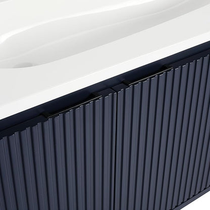 SSLine Modern 48" Floating Bathroom Vanity with Sink Wall Mounted Bathroom Vanity with Top Basin & Storage Cabinet Navy Blue Wood Hanging Vanity w/Drop-Shaped Resin Sink for Small Space