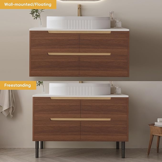 36" Modern Bathroom Vanity with Above Oval Sink, 2-in-1 Wall Mounted & Free-Standing Bathroom Vanity Cabinet with Sintered Stone Top & 4 Drawers, Walnut Wood Single Sink Bathroom Vanities