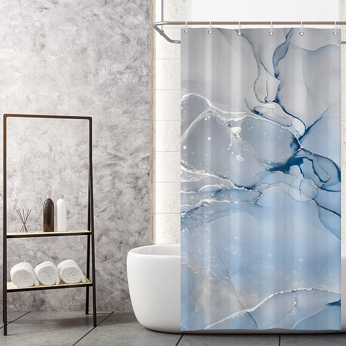 AWERT Blue Marble Shower Curtain for Bathroom Modern Blue White Marble Ink Shower Curtain with Hooks Washable Bathroom Accessories Bathtub Decor 48x72inch