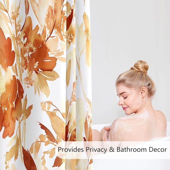 Extra Long Shower Curtain 72 x 84 Inch, Tall Orange Fall Floral Decor | Burnt Orange Fall Watercolor Floral Modern Abstract Flower Bathroom Fabric Shower Curtain Set with Hooks